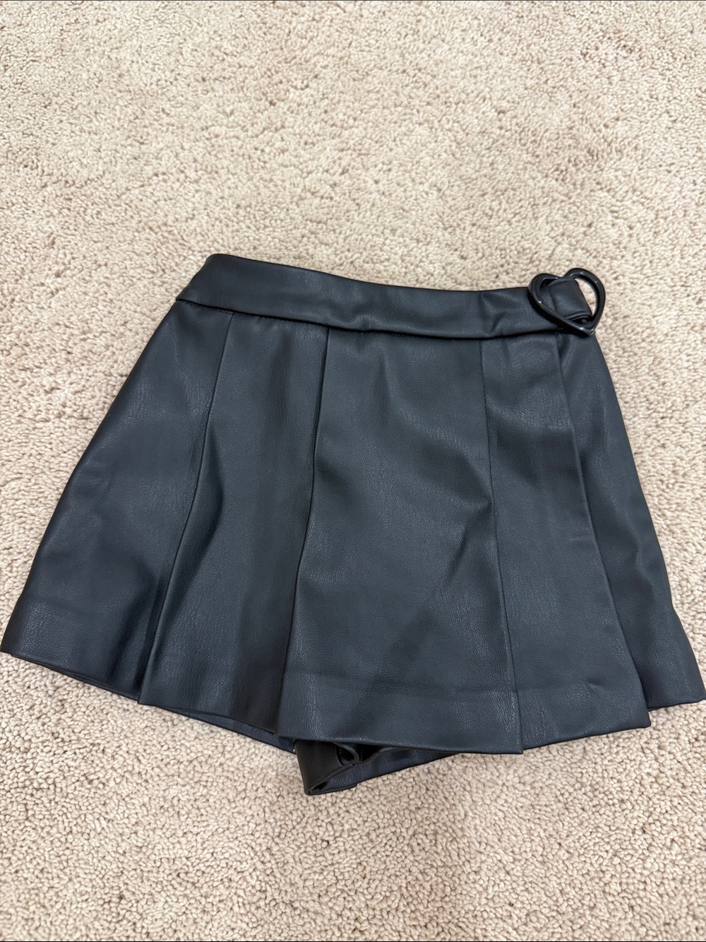 Black Faux Leather Pleated Skort with Heart Buckle